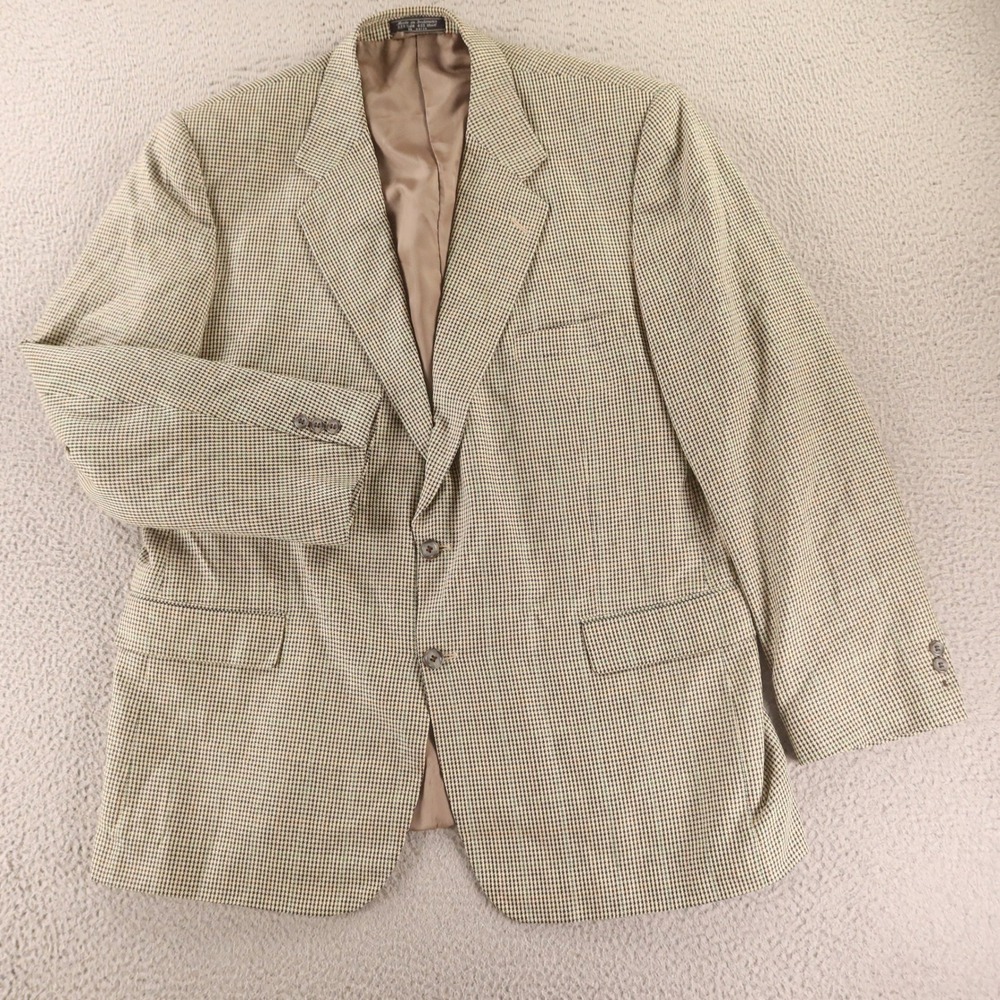 VTG Jacket XL XLT 48L Blue Beige Houndstooth‎ Gun Check Silk Wool Blazer